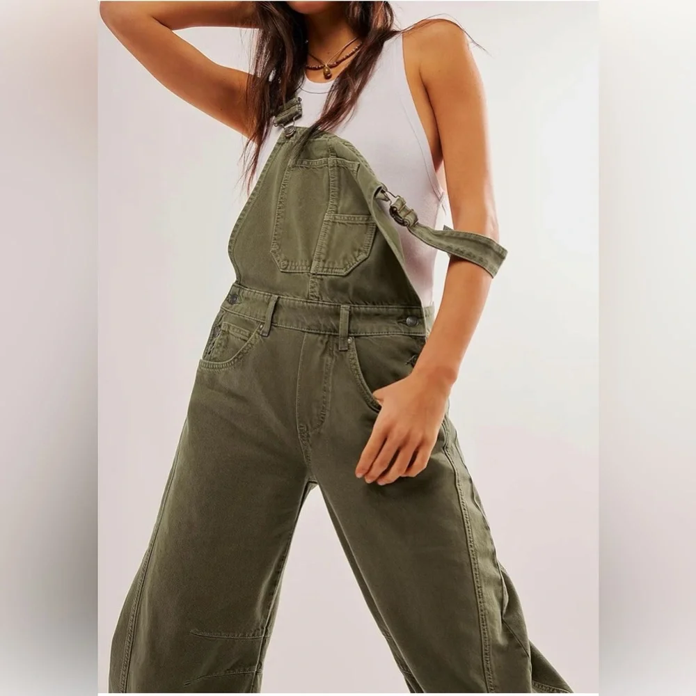 Olive Green Cotton Wide-Leg Overall Jumpsuit - Picture 5 of 8